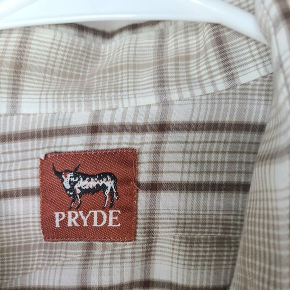 VTG Pryde Western Pearl Snap Brown Beige Plaid Shirt Mens LG? *See Measurements - Picture 9 of 10